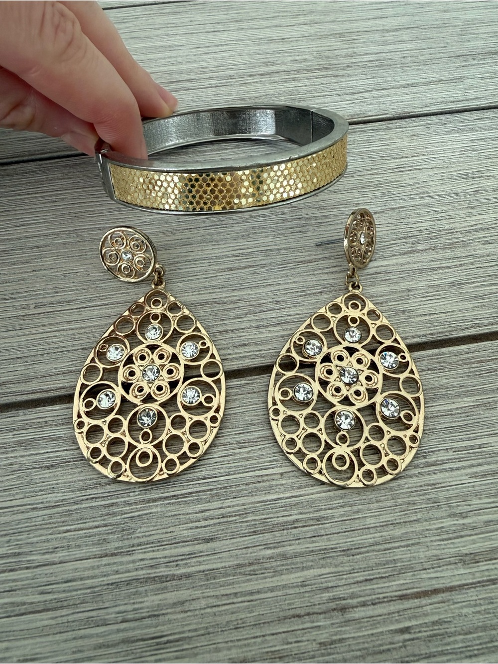 Gold Filigree Teardrop Earrings with Crystal Accents - Women's Jewelry